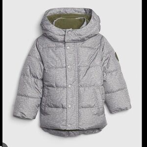 GAP kids Cold Max puffer jacket in heather gray, olive green lining, 4